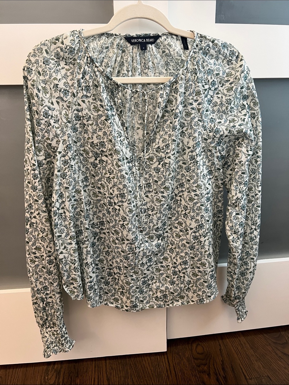 Veronica Beard Long Sleeve White with Blue and Green Floral Top. Size Medium